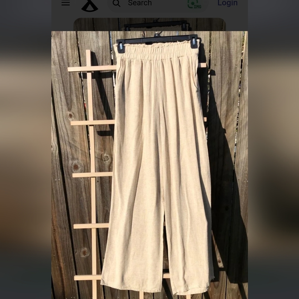 Chic Beige Wide Leg Women's linen Pants Large Elastic waistband With Pockets